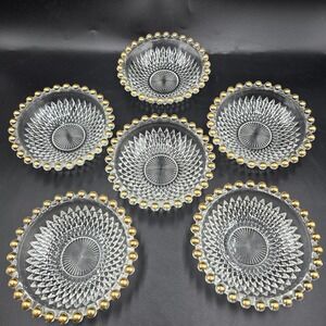 Vtg Depression Era Diamond Point 6 Pc Glass Relish Berry Bowl Beaded Gold Trim